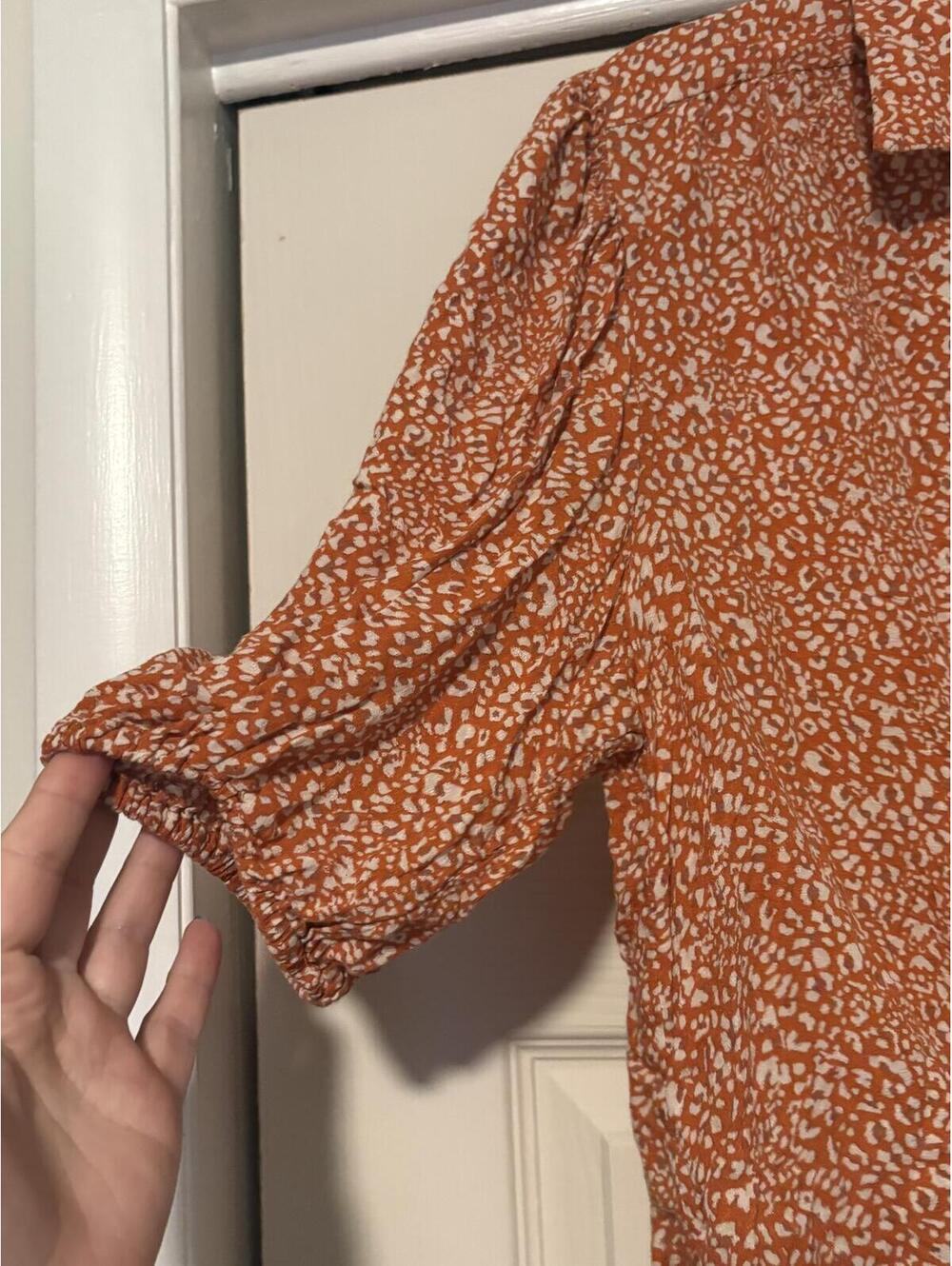 Free People Celia Print Tie-Front Button-Down Boho Blouse | Orange Animal Print - Picture 4 of 7